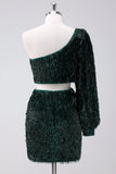 Sparkly Dark Green One Shoulder Tight Short Homecoming Dress with Tassels