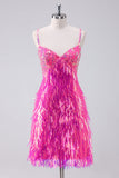 Sparkly Hot Pink A Line Spaghetti Straps Fringe Sequins Homecoming Dress