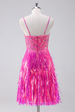 Sparkly Hot Pink A Line Spaghetti Straps Fringe Sequins Homecoming Dress