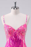 Sparkly Hot Pink A Line Spaghetti Straps Fringe Sequins Homecoming Dress