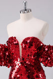 Red Sequins Tight Homecoming Dress With Removable Sleeves