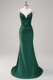 Dark Green Mermaid Spaghetti Straps Ruched Satin Long Prom Dress with Beading