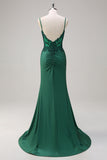 Dark Green Mermaid Spaghetti Straps Ruched Satin Long Prom Dress with Beading