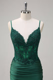 Dark Green Mermaid Spaghetti Straps Ruched Satin Long Prom Dress with Beading