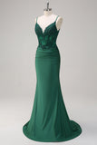 Dark Green Mermaid Spaghetti Straps Ruched Satin Long Prom Dress with Beading