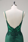 Dark Green Mermaid Spaghetti Straps Ruched Satin Long Prom Dress with Beading