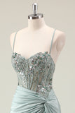 Sparkly Dusty Green Mermaid Sequins Spaghetti Straps Long Prom Dress with Slit