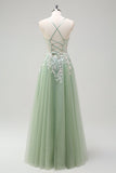 Sage Tulle A-Line Spaghetti Straps Long Prom Dress with Appliques