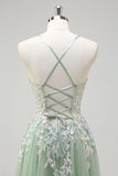 Sage A Line Spaghetti Straps Tulle Long Prom Dress With Appliques