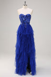 Sparkly Royal Blue A-Line Strapless Sequin Ruffles Tulle Long Prom Dress with Slit