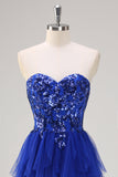 Sparkly Royal Blue A-Line Strapless Sequin Ruffles Tulle Long Prom Dress with Slit