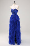 Sparkly Royal Blue A-Line Strapless Sequin Ruffles Tulle Long Prom Dress with Slit