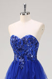 Sparkly Royal Blue A-Line Strapless Sequin Ruffles Tulle Long Prom Dress with Slit