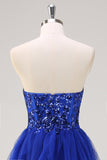 Sparkly Royal Blue A-Line Strapless Sequin Ruffles Tulle Long Prom Dress with Slit