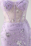 Light Purple Mermaid Strapless Corset Sequin Prom Dress With Slit