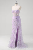 Light Purple Mermaid Strapless Corset Sequin Prom Dress With Slit