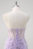 Light Purple Mermaid Strapless Corset Sequin Prom Dress With Slit