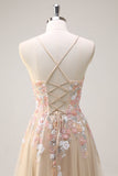 Sparkly Tulle Champagne A-Line Floral Sequin Prom Dress with Appliques