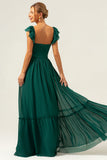 Dark Green A Line V-Neck Ruched Chiffon Long Bridesmaid Dress