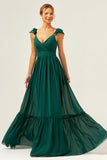 Dark Green A Line V-Neck Ruched Chiffon Long Bridesmaid Dress