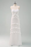 White Spaghetti Straps Mermaid Long Ball Dress with Ruffles