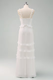 White Spaghetti Straps Mermaid Long Ball Dress with Ruffles