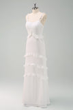 White Spaghetti Straps Mermaid Long Ball Dress with Ruffles