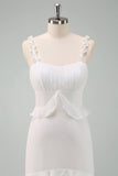 White Spaghetti Straps Mermaid Long Ball Dress with Ruffles