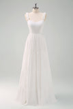 A-Line White Spaghetti Straps Pleated Long Ball Dress with Bow