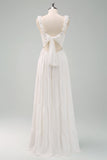 A-Line White Spaghetti Straps Pleated Long Ball Dress with Bow