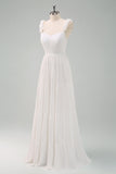 A-Line White Spaghetti Straps Pleated Long Ball Dress with Bow