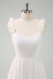 A-Line White Spaghetti Straps Pleated Long Ball Dress with Bow