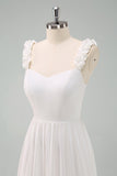 A-Line White Spaghetti Straps Pleated Long Ball Dress with Bow