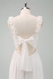 A-Line White Spaghetti Straps Pleated Long Ball Dress with Bow