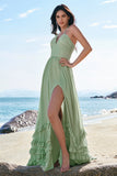 Dusty Sage A-Line Halter Corset Ruffled Long Chiffon Bridesmaid Dress with Slit