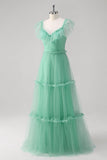 Green A Line V-Neck Tiered Tulle Bridesmaid Dress