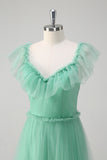 Green A Line V-Neck Tiered Tulle Bridesmaid Dress