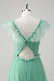 Green A Line V-Neck Tiered Tulle Bridesmaid Dress