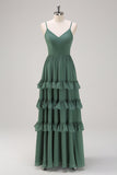 Eucalyptus A-Line Spaghetti Straps Tiered Chiffon Long Bridesmaid Dress