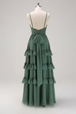 Eucalyptus A-Line Spaghetti Straps Tiered Chiffon Long Bridesmaid Dress