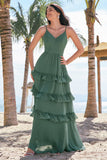 Tiered Eucalyptus A-Line Chiffon Long Bridesmaid Dress