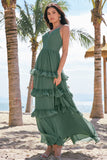 Tiered Eucalyptus A-Line Chiffon Long Bridesmaid Dress