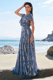 Grey Blue A-Line V Neck Burnout Velvet Printed Long Bridesmaid Dress