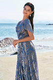 Grey Blue A-Line V Neck Burnout Velvet Printed Long Bridesmaid Dress