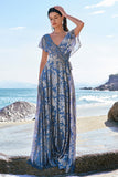 Grey Blue A-Line V Neck Burnout Velvet Printed Long Bridesmaid Dress