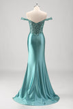 Off the Shoulder Applique Mermaid Grey Green Prom Dress with Slit