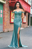 Off the Shoulder Applique Mermaid Grey Green Prom Dress with Slit