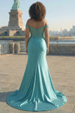 Dark Green Mermaid Off the Shoulder Plus Size Long Satin Prom Dress with Slit