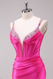 Fuchsia Mermaid Spaghetti Straps Corset Sequin Prom Dress with Slit