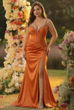 Fuchsia Mermaid Corset Spaghetti Straps Plus Size Prom Dress with Slit